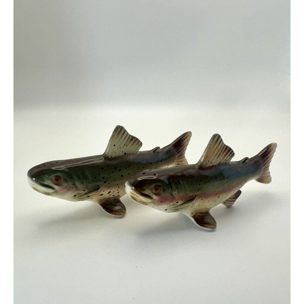 Vintage Salt Pepper Shaker Set Rainbow Trout Fish Japan Ceramic 1960s MCM